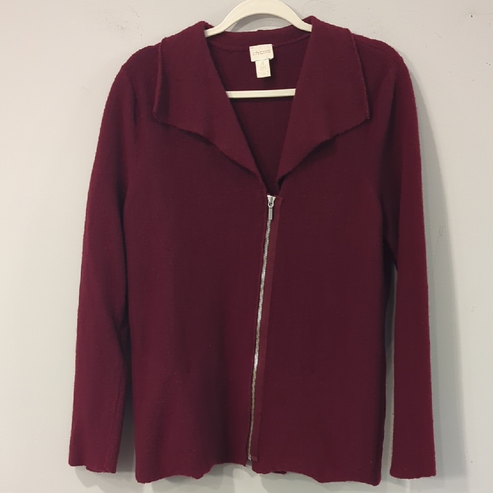Chico's 100% Wool Zip Up Cardigan Jacket‎ Burgundy Size XL